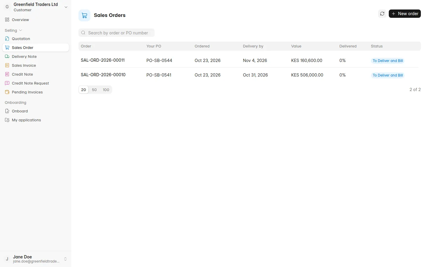 Sales orders on the portal