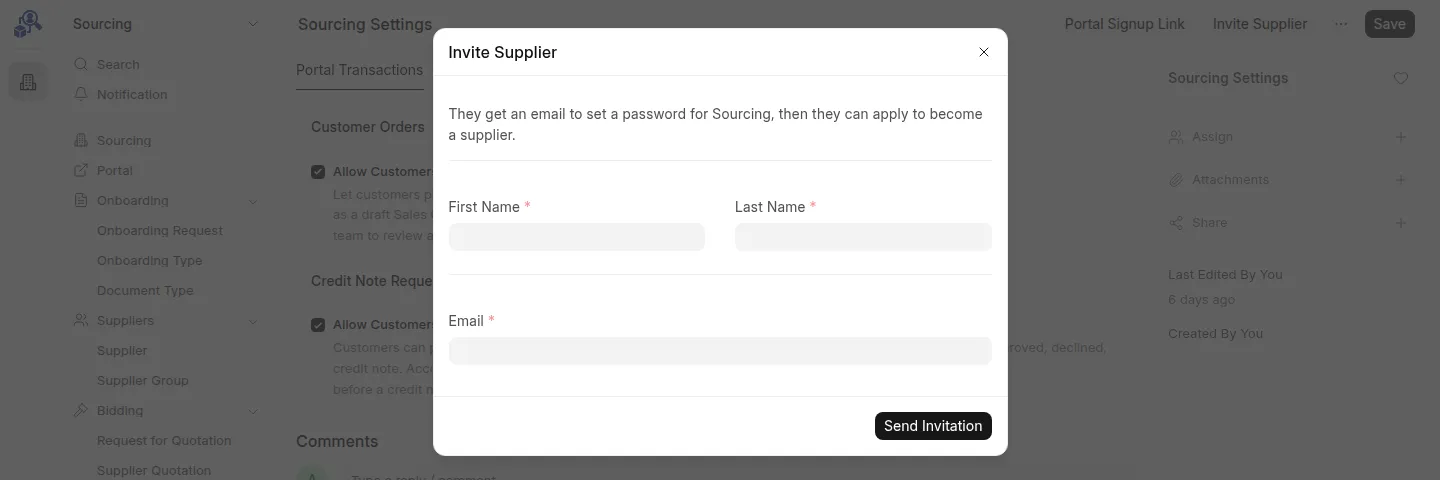 Invite Supplier dialog