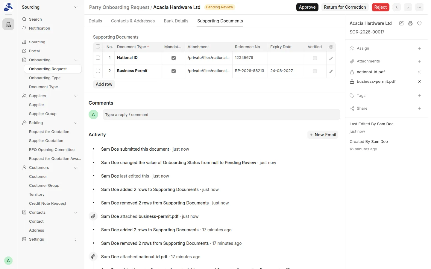 Supporting documents tab