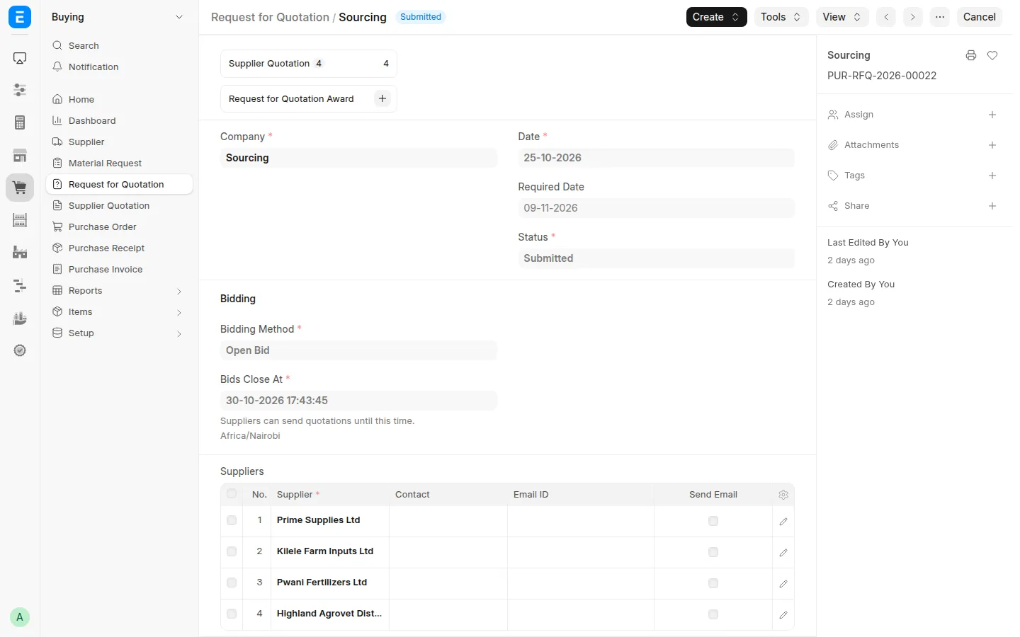 An open bid RFQ in Desk