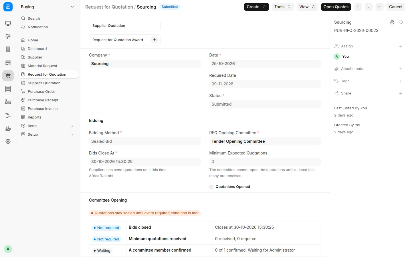 Sealed bid RFQ with opening conditions
