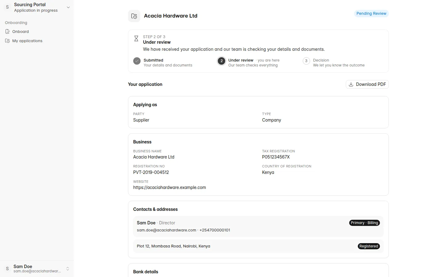 Submitted application on the portal