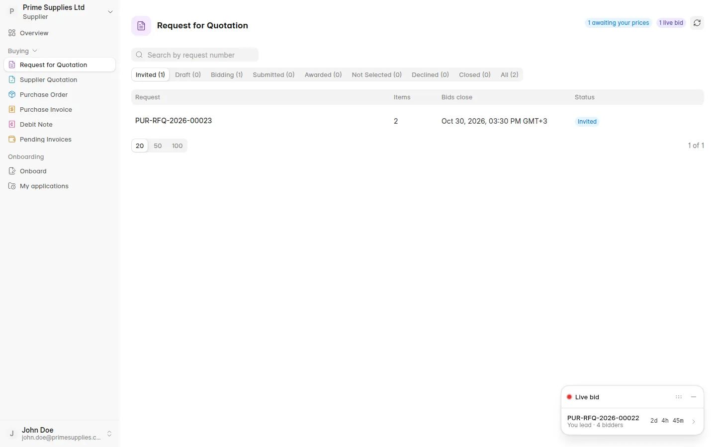 RFQ list on the portal